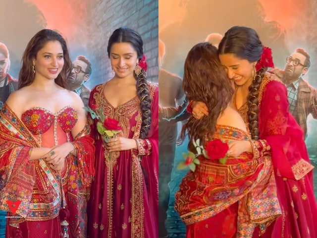 Tamannaah Bhatia Gives a Red Rose to Shraddha Kapoor at Stree 2 Promotion